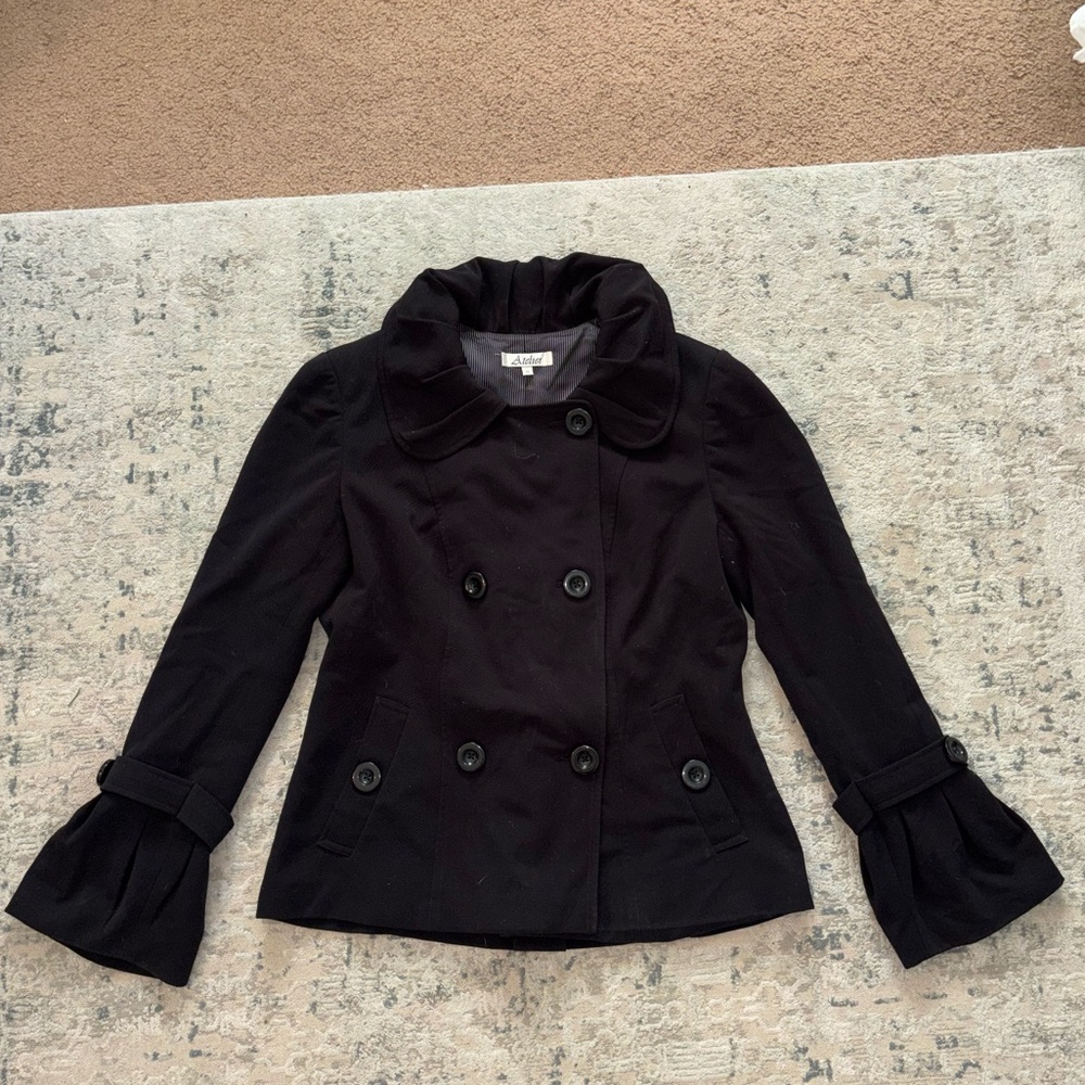 Black Double-Breasted Peacoat with Flared Cuffs